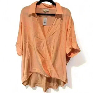 NWT LOFT Women's Large Orange V-Neck Short Sleeve Blouse Casual